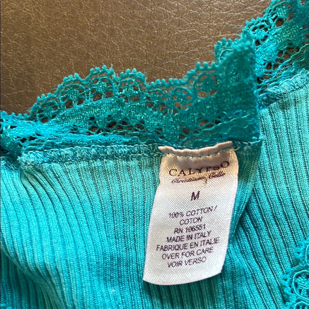 EUC Calypso Aqua Ribbed Ruffled Sleeveless Tank Top Cotton - Picture 2 of 8